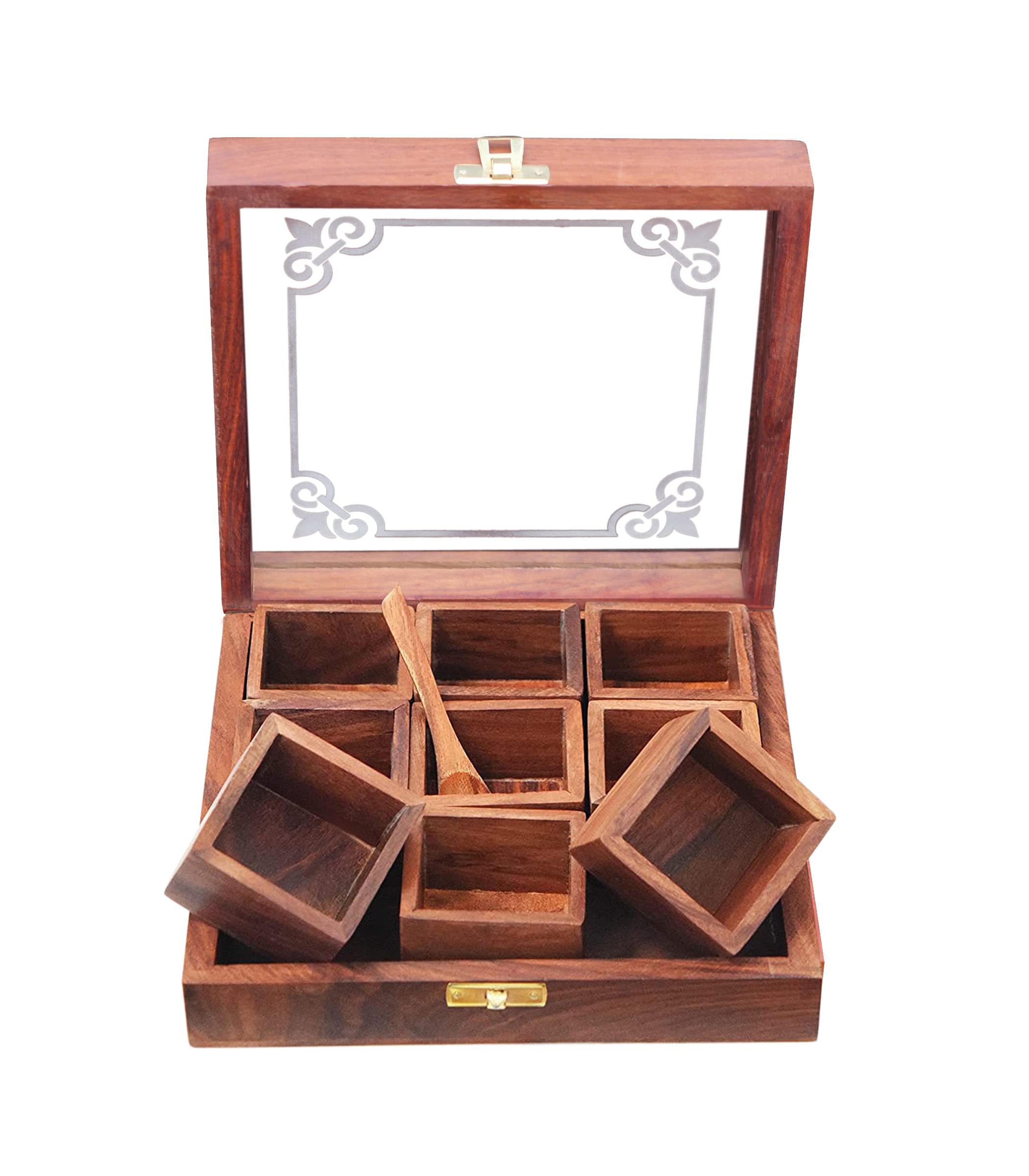 Woodiva Aufbewahrungsbox für Gewürze aus Holz für Küchenbehälter mit Löffel (9 Behälter)