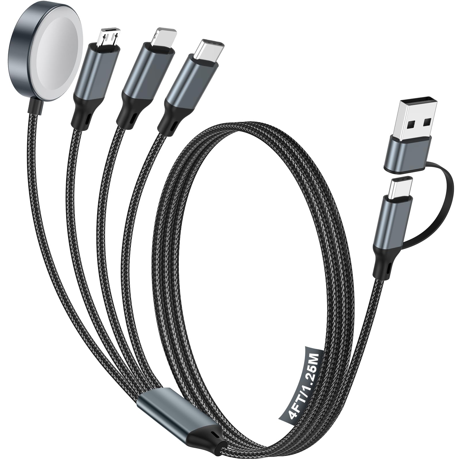 Travel Essentials,Multi Charging Cable for Apple Watch Charger/iPhone Charger/Samsung Charger,USB A & Type C Power Cable for iWatch Ultra/10-2/iPhone 17-11/Samsung S26,Serial Cables,Car[1.2M]-Black 1.2M 4 in 2 Charging Cable 1-Black