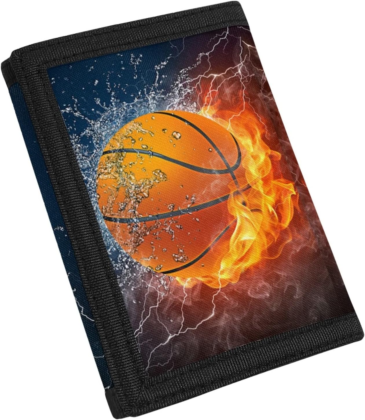 Fire Water Basketball Print Kids Wallet for Boys Girls Teens Trifold Canvas Wallet for Men with Cash Pocket and Card Holders