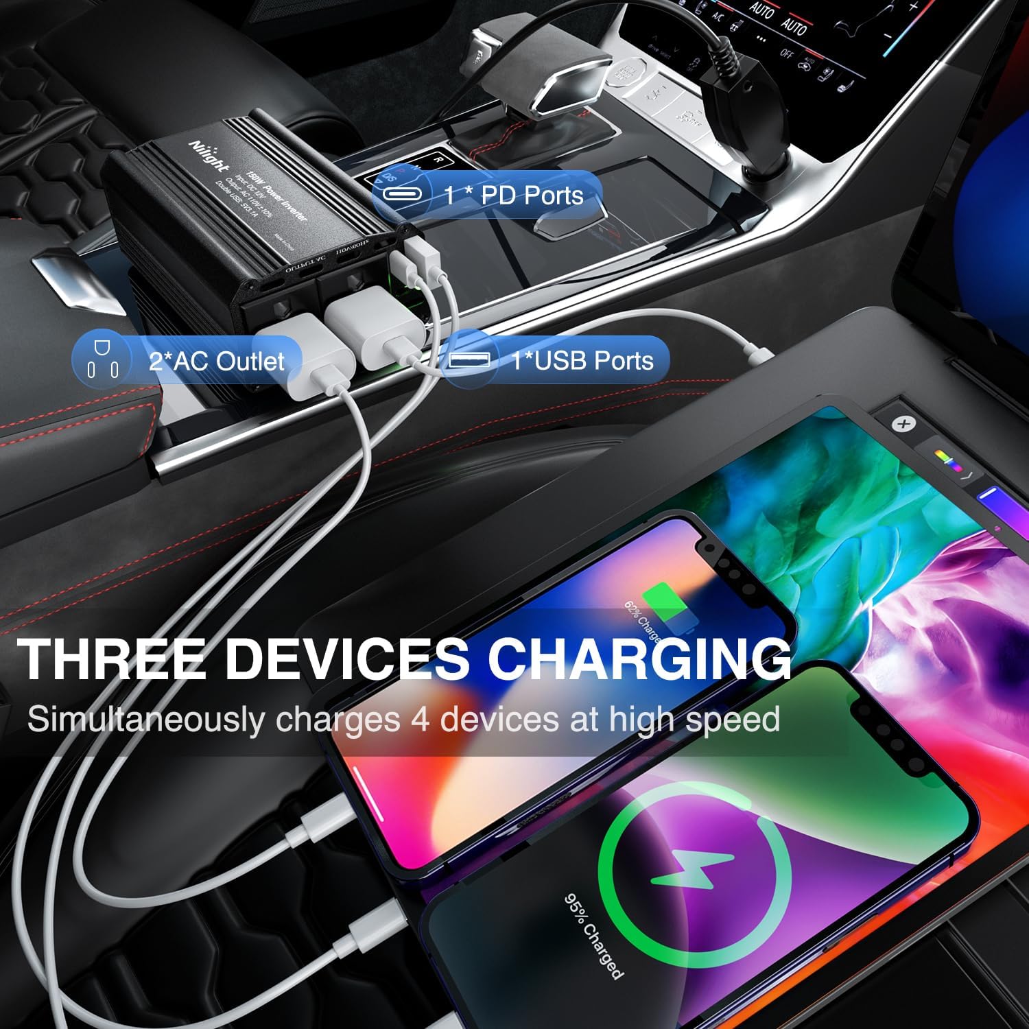 Nilight 300W Power Inverter connected to a car's cigarette lighter socket, charging multiple devices.