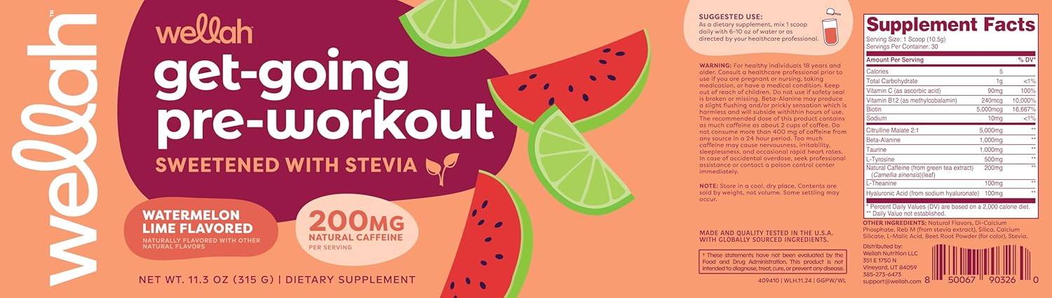 Wellah Get-Going Pre-Workout Drink Mix (Watermelon Lime Flavored, 30 Servings) - with Citrulline Malate and L-Theanine, 200mg of Natural Caffeine & 1000mg of Beta-Alanine - Image 5