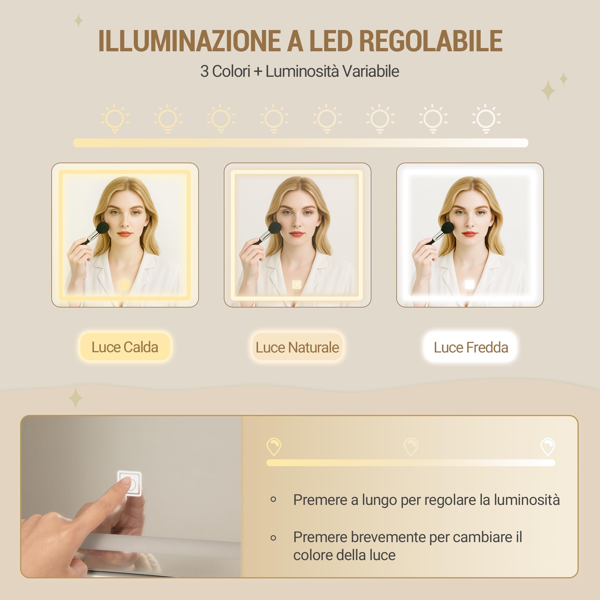 Hzuaneri Toeletta da Trucco Grande con Illuminazione a LED, 3 Colori, Luminosità Regolabile, Tavolo da Trucco con Specchio, 9 Cassetti, 9 Ripiani Aperti, Stile Moderno, Bianco-Oro DT41903X