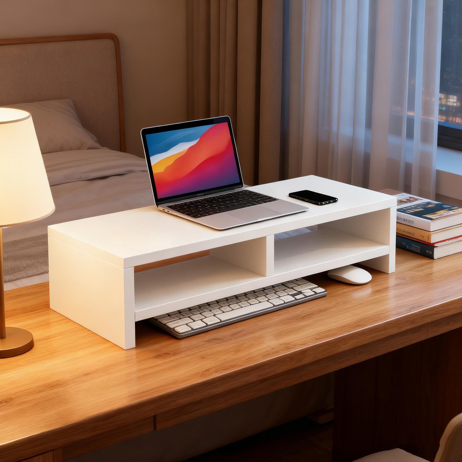 Sollevatore per monitor per computer a 2 strati con 4 porte USB, antiscivolo, supporto per stampante da ufficio con spazio di archiviazione, per computer portatile, elettronica, casa, ufficio, studio,