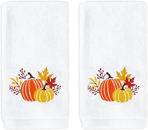 AnyDesign Paquete de 2 toallas de mano de calabaza de algodón bordado de calabaza hojas de arce decorativas para otoño, Acción de Gracias, baño,