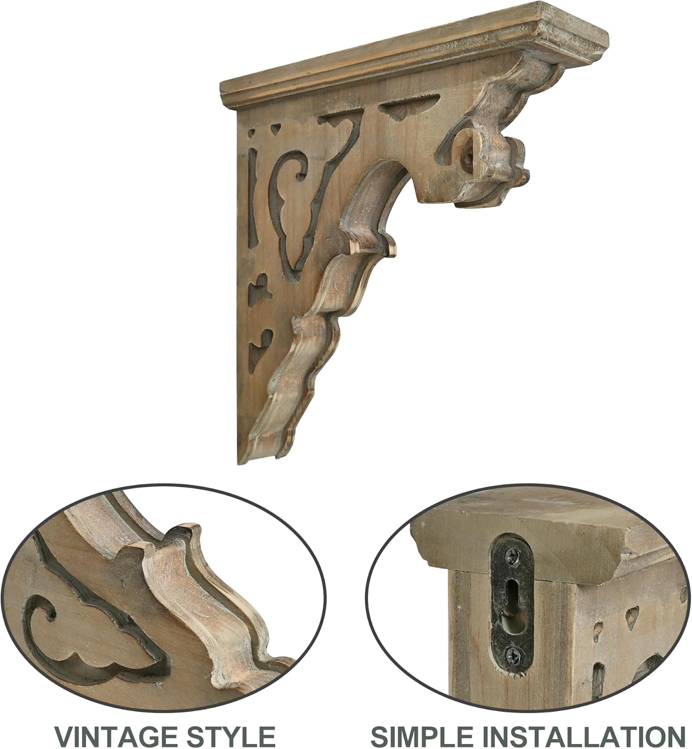 BIG FORTUNE Set of 2 Corbels for Shelves Wood Corbels Decorative,L10.63 x W3.15 x H11.22 Inch, Shelf Brackets Wooden Vintage Shelf Farmhouse Decor (Grey)