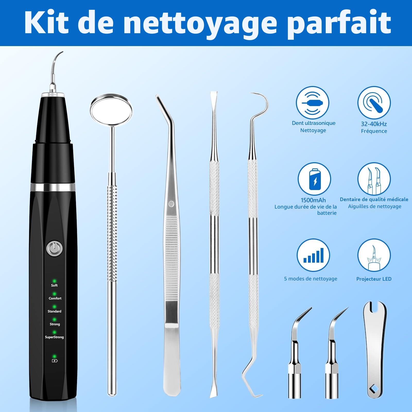 Ni-SHEN Kit d'enlèvement de plaque dentaire, de nettoyage des dents à ultrasons pour animaux domestiques, de tartre et de taches, convient pour chiens et chats (Noir)