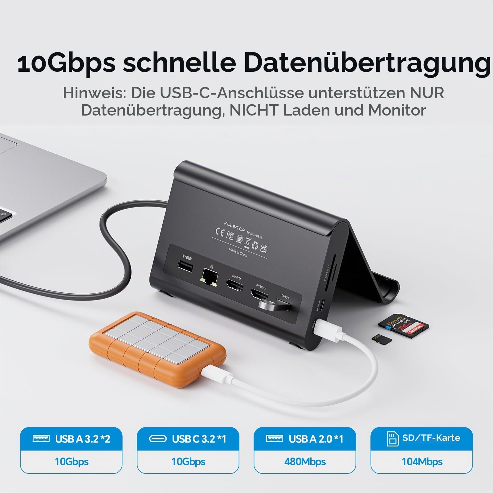 MacBook Dockingstation mit Dual Monitor 4K@60Hz für MacBook Pro/Air M4/M5 | PULWTOP MacBook Pro Stand USB-C Dock mit Ethernet, 3 USB 3.2 10 Gbit/s, SD/TF, Audio, 100 W PD für Zuhause und Büro, Schwarz