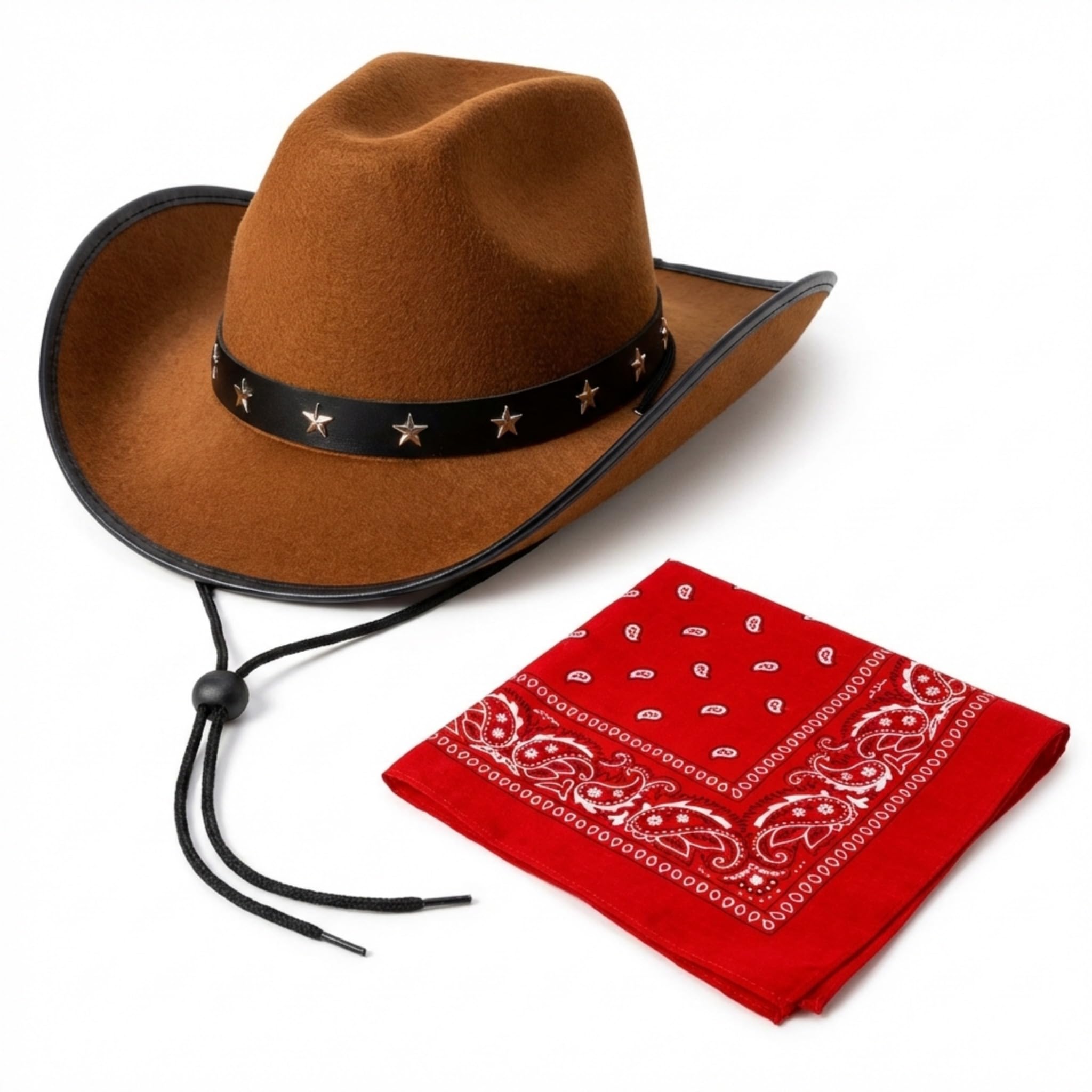 Star Studded Brown Cowboy Hat and Bandana Set - Adult Cow Boy Hat with Cowboy Neckerchief for Cow Boy Outfit Men and Women Wild West Fancy Dress Costume or Country and Western Fancy Dress (Red)