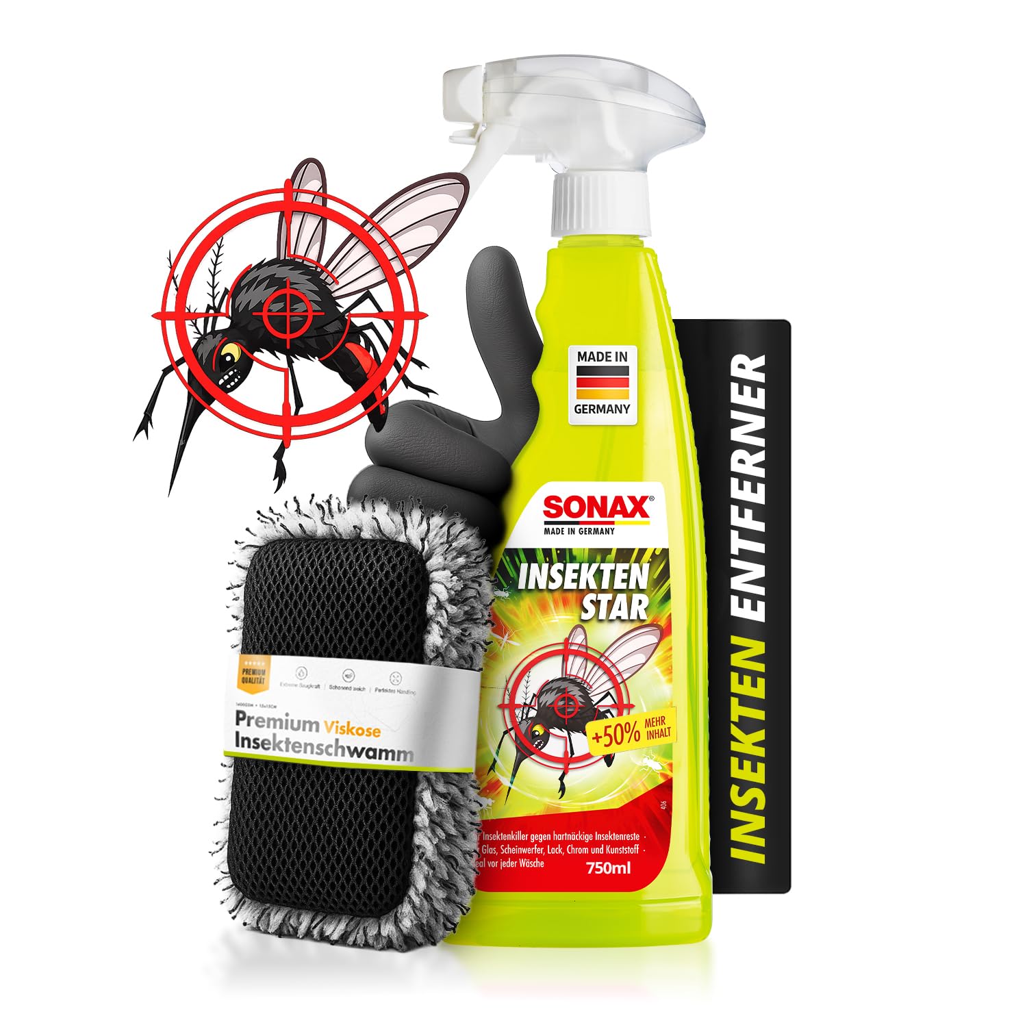 Insektenentferner Set: SONAX InsektenStar 750ml + Insektenschwamm + Handschuhe –Insektenentferner löst schnell & schonend selbst hartnäckige & angetrocknete Insektenverschmutzungen