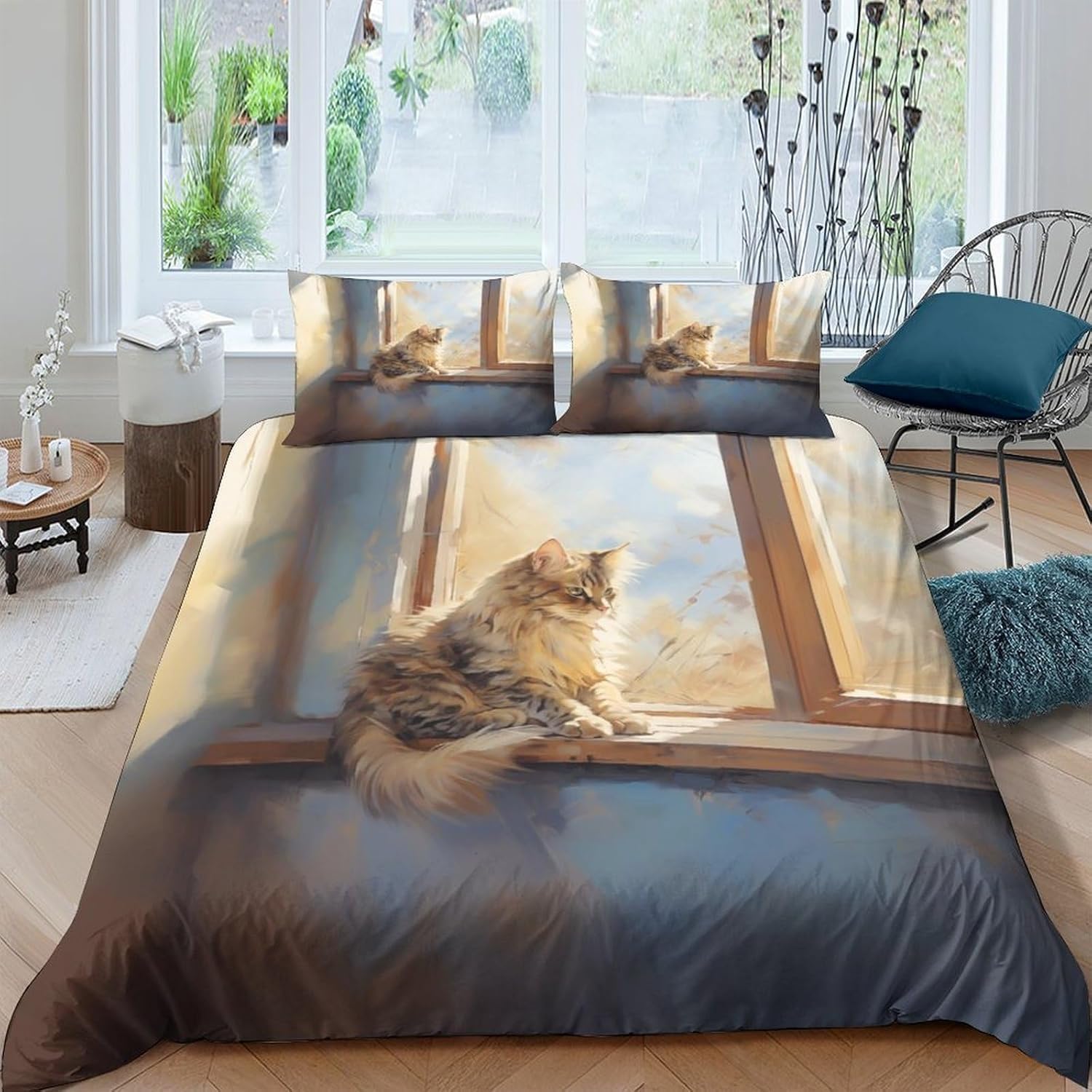 Housse de couette 220x240 chat domestique : parure de lit 3 pièces F-2958