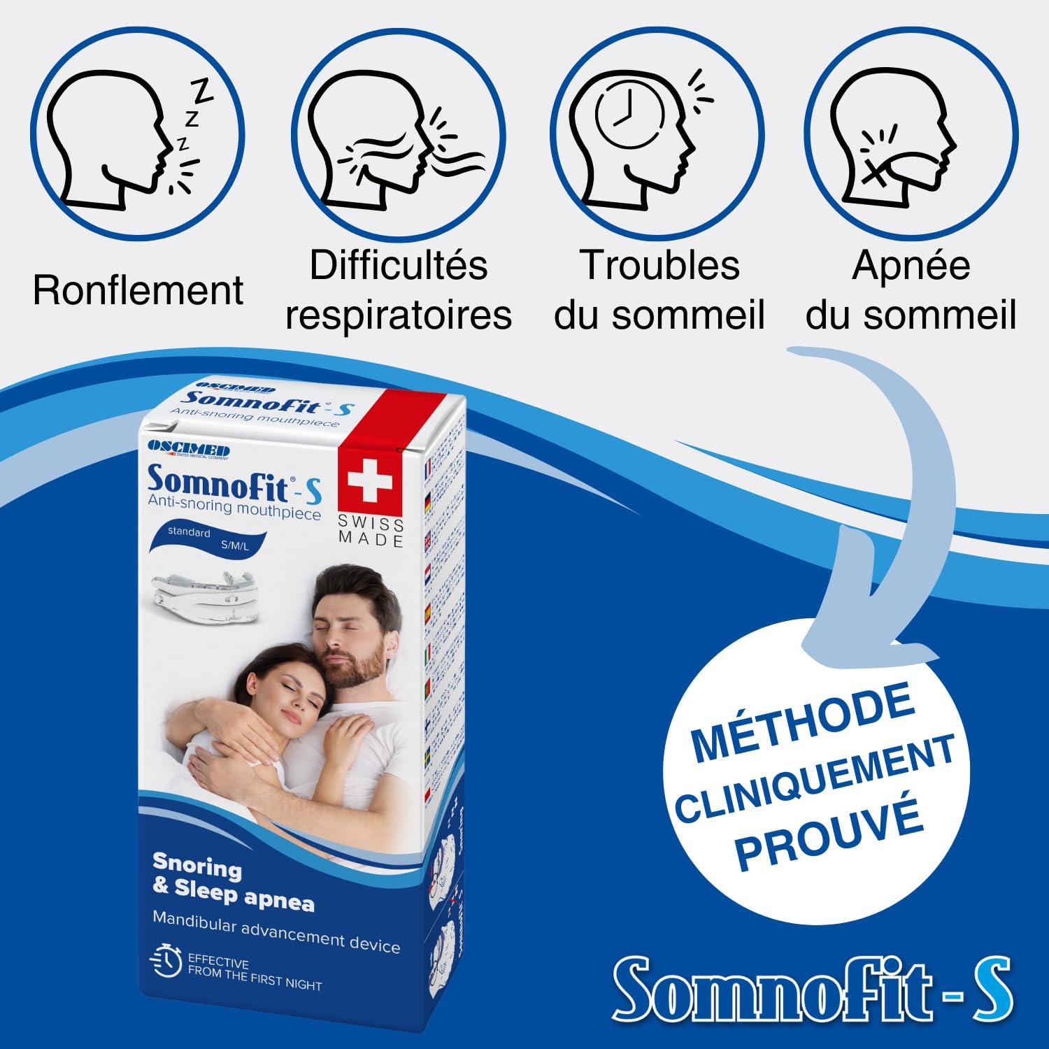 S - Orthèse Anti-Ronflement - Gouttière Dentaire Flexible et Thermoformable - Design Breveté, Grand Confort - Orthèse Mandibulaire Fabriquée en Suisse