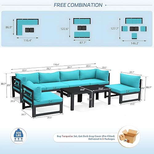 Miniatura 844 de NICESOUL 7 Piece White Powder-Coated Aluminum Patio Furniture with Fire Pit Table, 29 Inch Extra Wide Outdoor Sectional Sofa for 6, High-End Heavy