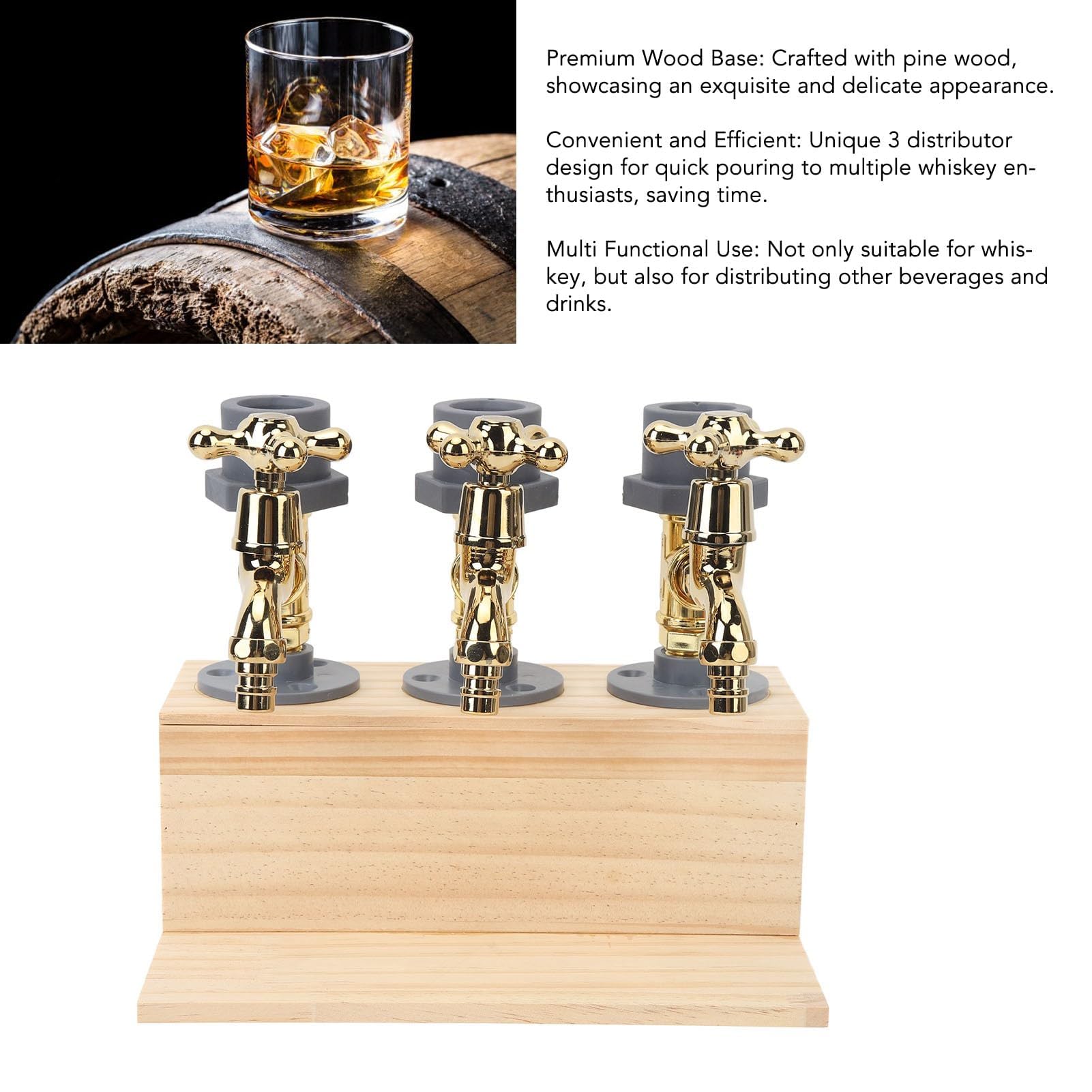 Spirituosenspender aus Holz, Whisky Spender für 3 Flaschen Aufbewahrungsspender aus Holz Getränkehalter Barzubehör in Wasserhahnform aus Legierung für Getränkepartys