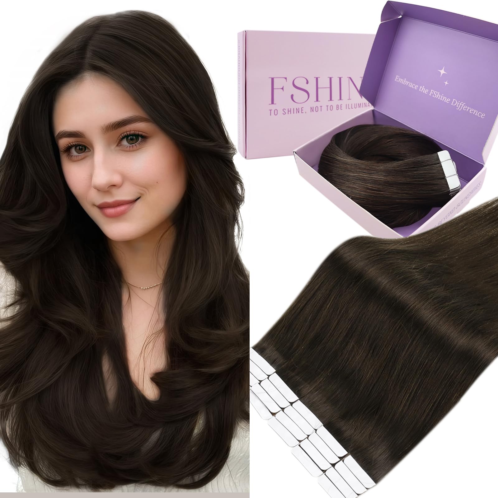 Fshine Tape in Hair Extensions Human Hair 22 Inch Dark Brown Hair Extensions Invisible Tape in Hair Extensions Human Hair Straight Natural Remy Hair