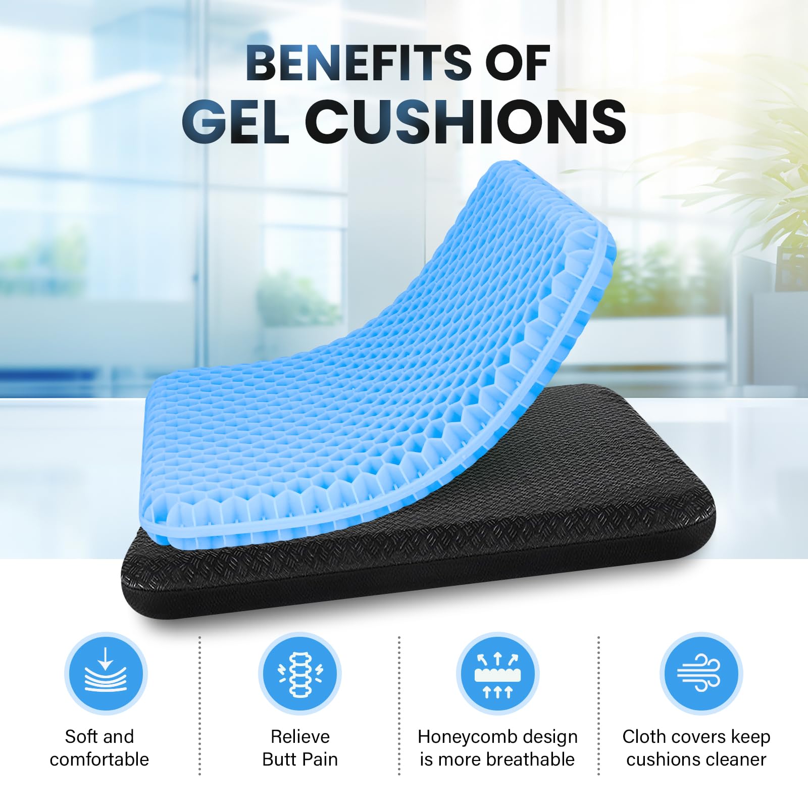 Cuscino per seduta in gel, per sedia da ufficio, comodo e traspirante, adatto per auto, ufficio, casa, sedia a rotelle, con fodera lavabile, per stare comodi e freschi (Azzurro, 44cm*39cm*4cm)