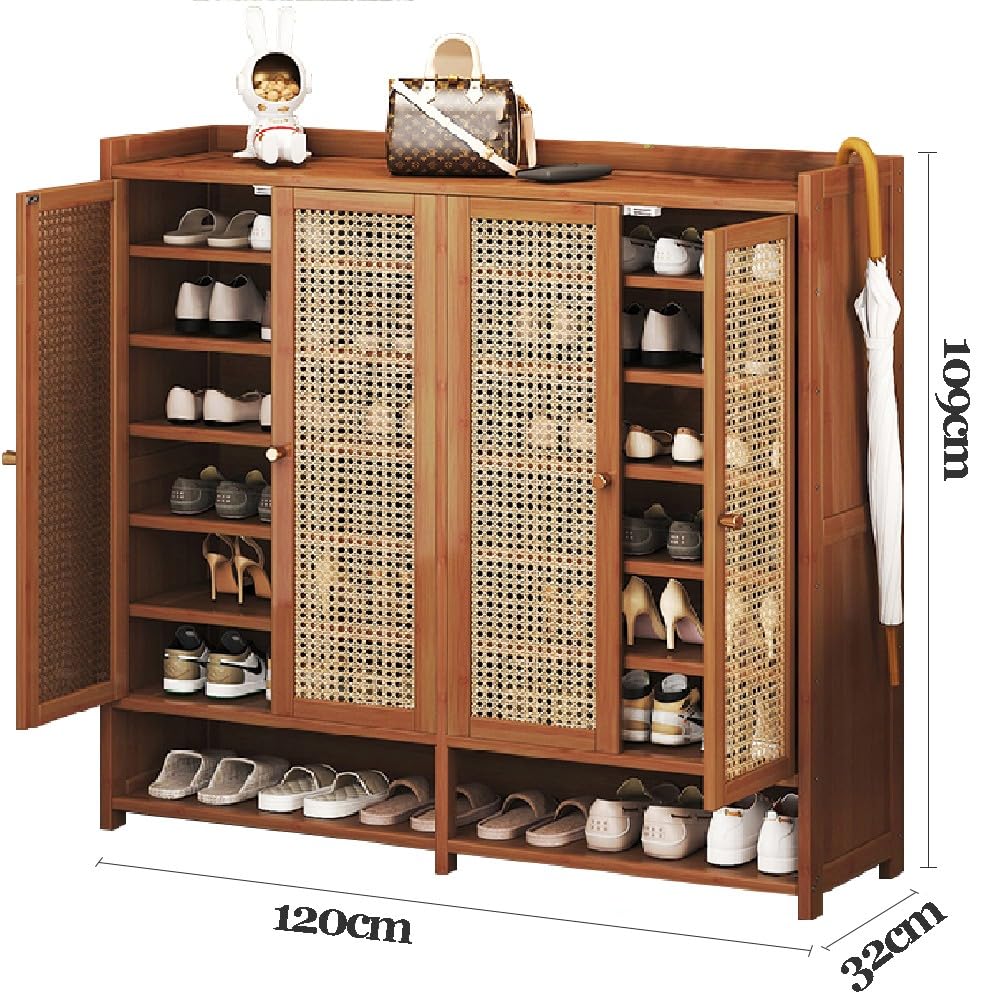 Schuhschrank aus Bambus mit 4 Rattantüren - 7 Ebenen Freistehendes Schuhregal mit Füßen, 120cm Breit - Moderner Schrank-Organizer für Flur und Wohnzimmer