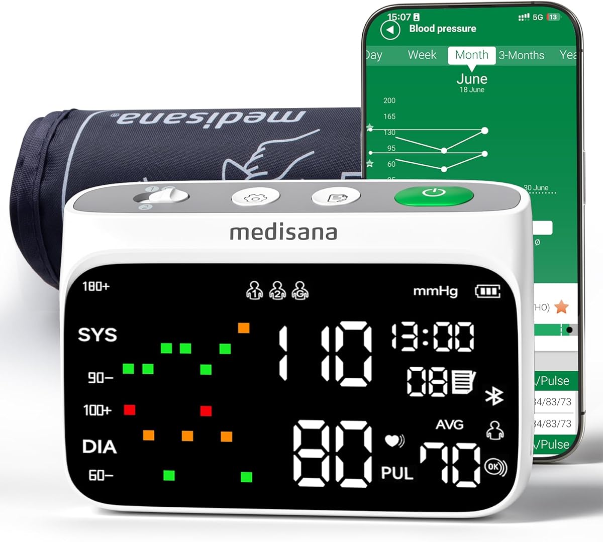Medisana Cordless Arm Blood Pressure Monitor, Bluetooth Smart Blood Pressure Monitors for Home Use with App Tracking, Blood Pressure Machine with LED Color Dual-Display, Extra-Large Adult Cuff