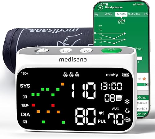 Medisana Monitor inalámbrico de presión arterial de brazo, monitores de presión arterial inteligentes Bluetooth para uso doméstico con seguimiento