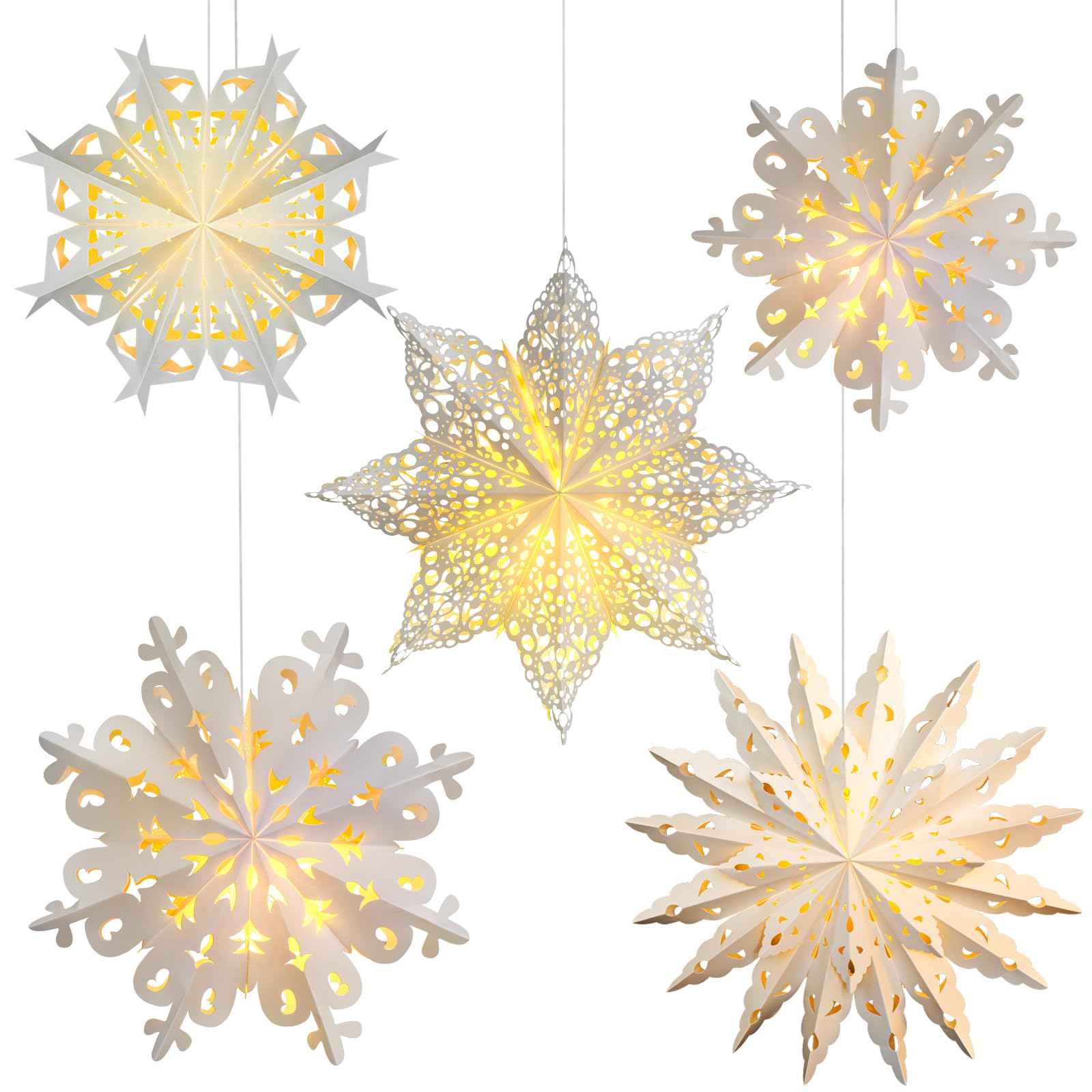 Mudder 5 Stück große Weihnachtsschneeflocken-Papierlaterne mit 7 Lichtern, 60 cm / 45 cm Sterne, Papier, 3D-Hängelaterne, Party-Dekoration für Hochzeiten, Feiertage, Weihnachtsbäume (niedlicher Stil