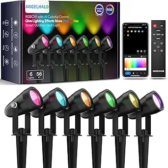 ANGELHALO Smart Landscape Spotlights, Low Voltage IP65 Waterproof Outdoor Spotlights Compatible with APP/Voice/Alexa Control, Color Changing Lights for Yard Garden Pathway Lawn, 6 Pack