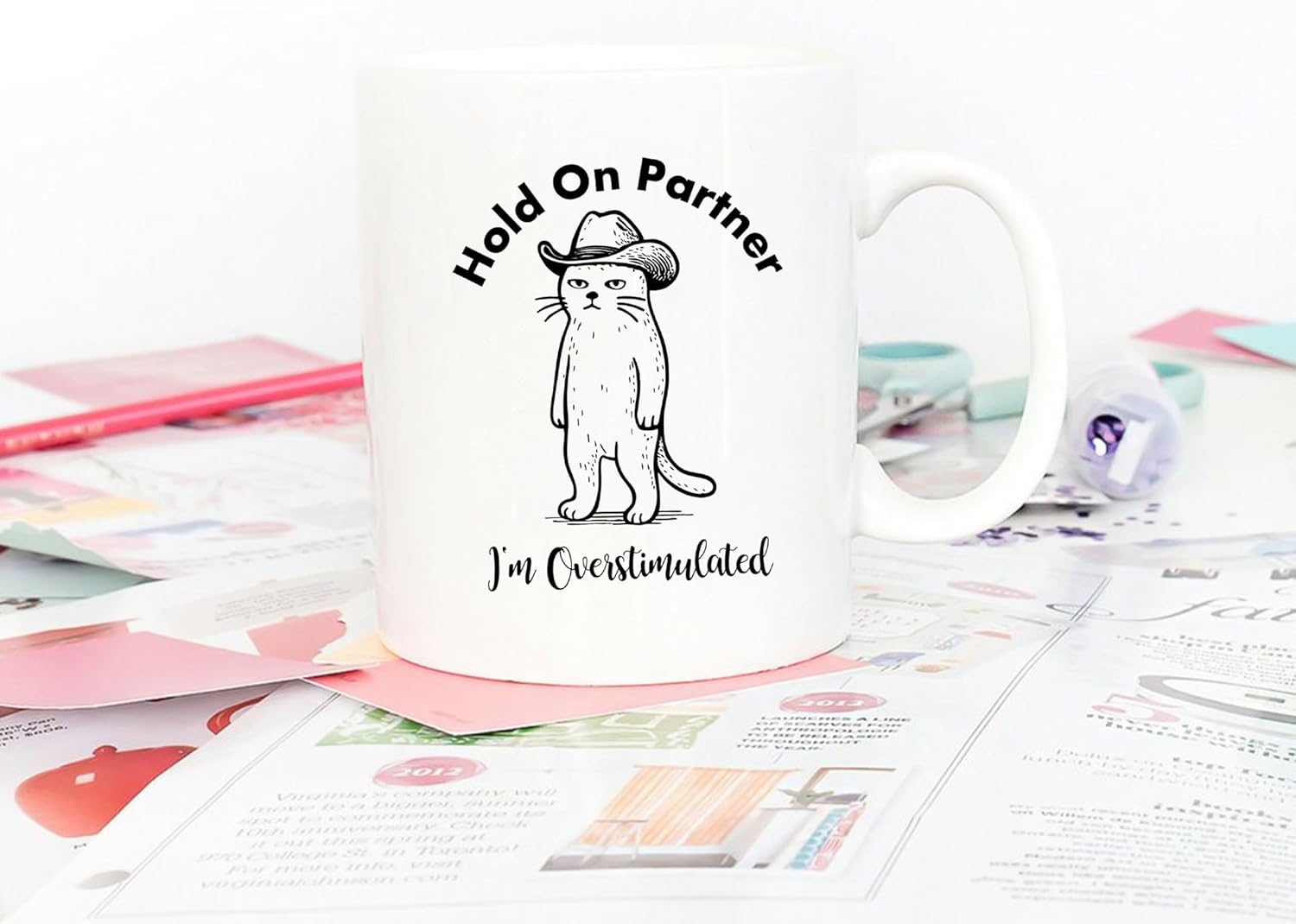 5Aup Funny Gen Z Sheriff Whiskers Cowboy Cat Mug – 11oz Coffee Cup Gift with 'Oh Partner, I'm Overstimulated' Slogan – Office Humor Ideal for Cat Lovers & Mental Health Advocates - Image 6