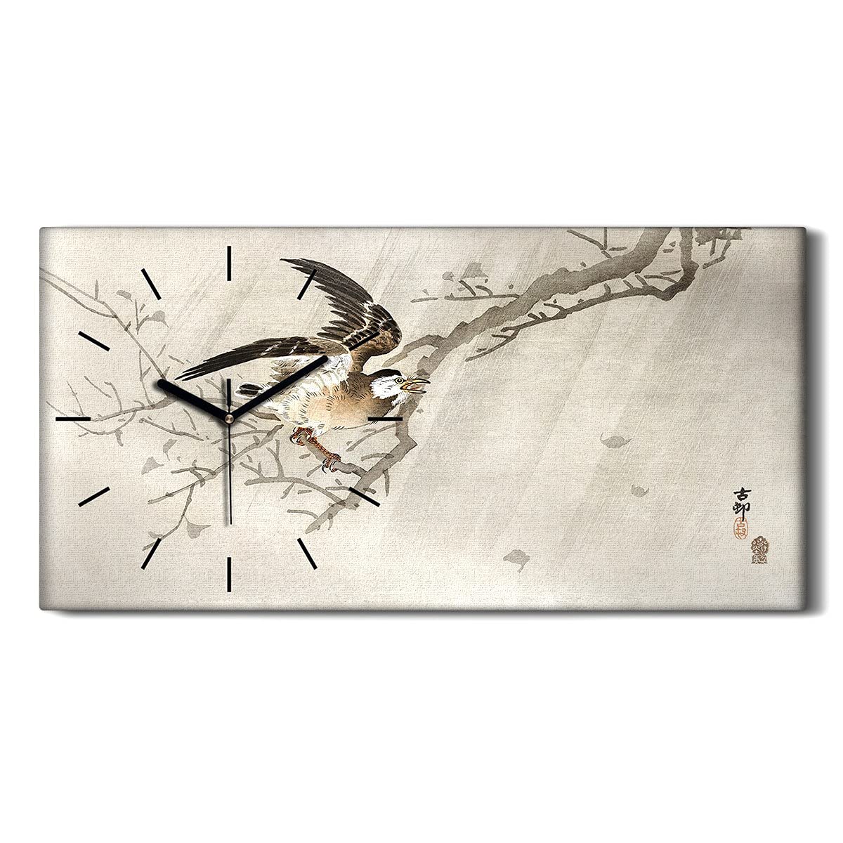 Horloge sur Toile Salon 60x30 Art Mural Moderne Oiseau Noir et Blanc