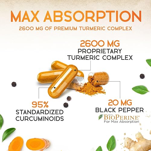 Miniatura 8 de Health Nutrition - Curcumina de cúrcuma con bioperina 95% curcuminoides 2600 mg con pimienta negra para una mejor absorción, apoyo inmunológico