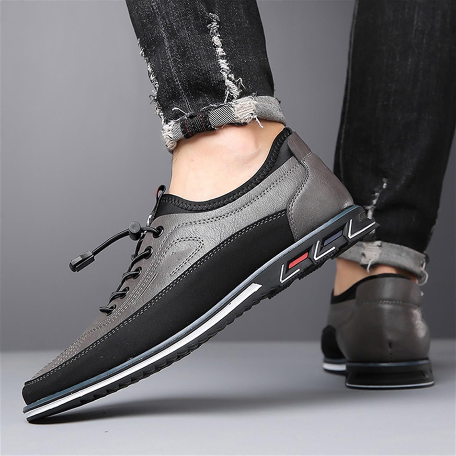 Scarpe da uomo in pelle casual con lacci elastici a chiusura rapida, Grigio