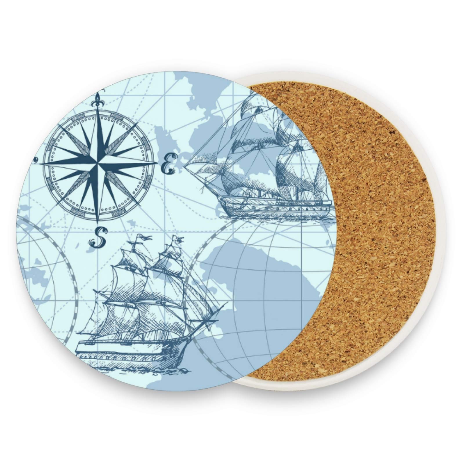 Sea Map with Compass and Sailing Ship Set of 1 Ceramic Coaster for Drinks, Stone Coasters Holder with Cork Base, Oversize Cup Mat Pad for Kinds of Mugs, Housewarming Gifts