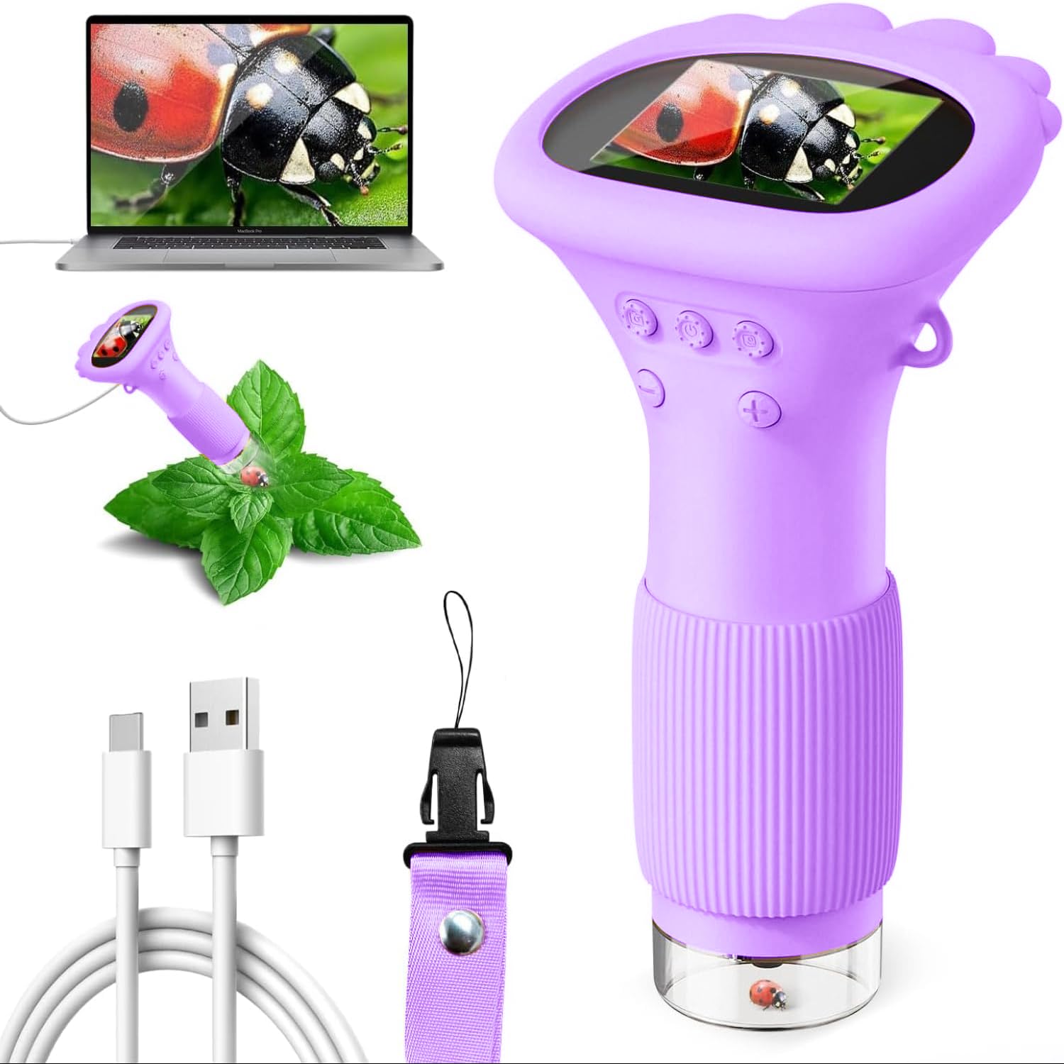 Mikroskop für Kinder, Ashfly 1000X Taschenmikroskop mit 2,0" IPS-Bildschirm USB Microscope Lupe, 8 LED Lights -Anschluss an PC, Mini-Kindermikroskop für Ostern Spielzeug - Purple