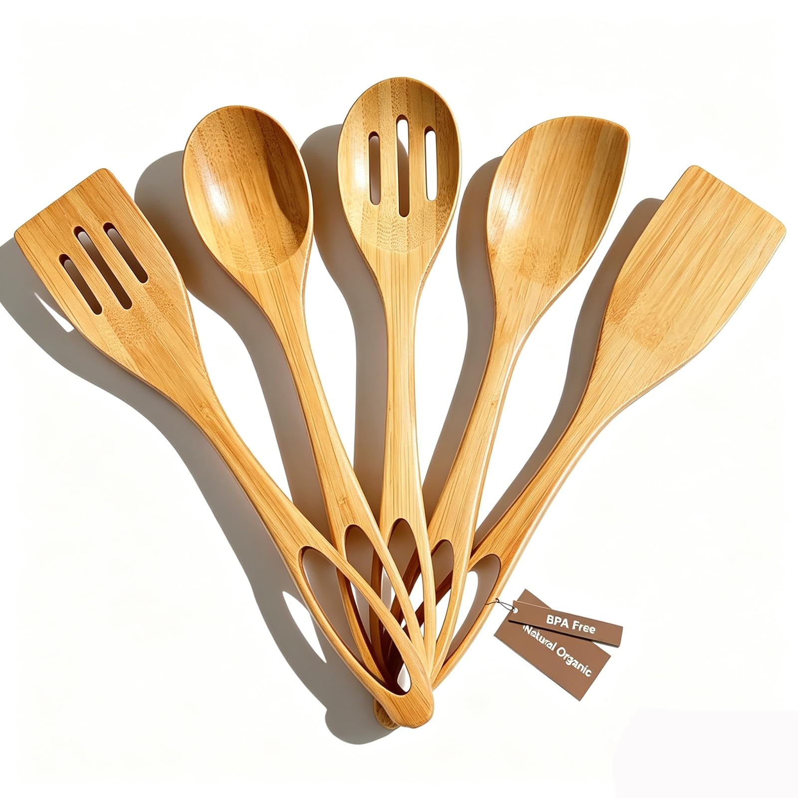 Puluole 5 PCS Wooden Cooking Utensils Set - Premium Wooden Spoons for Cooking, Nonstick Wood Spatula for Cooking, Wood Bamboo Kitchen Utensils, Housewarming Gifts New Home