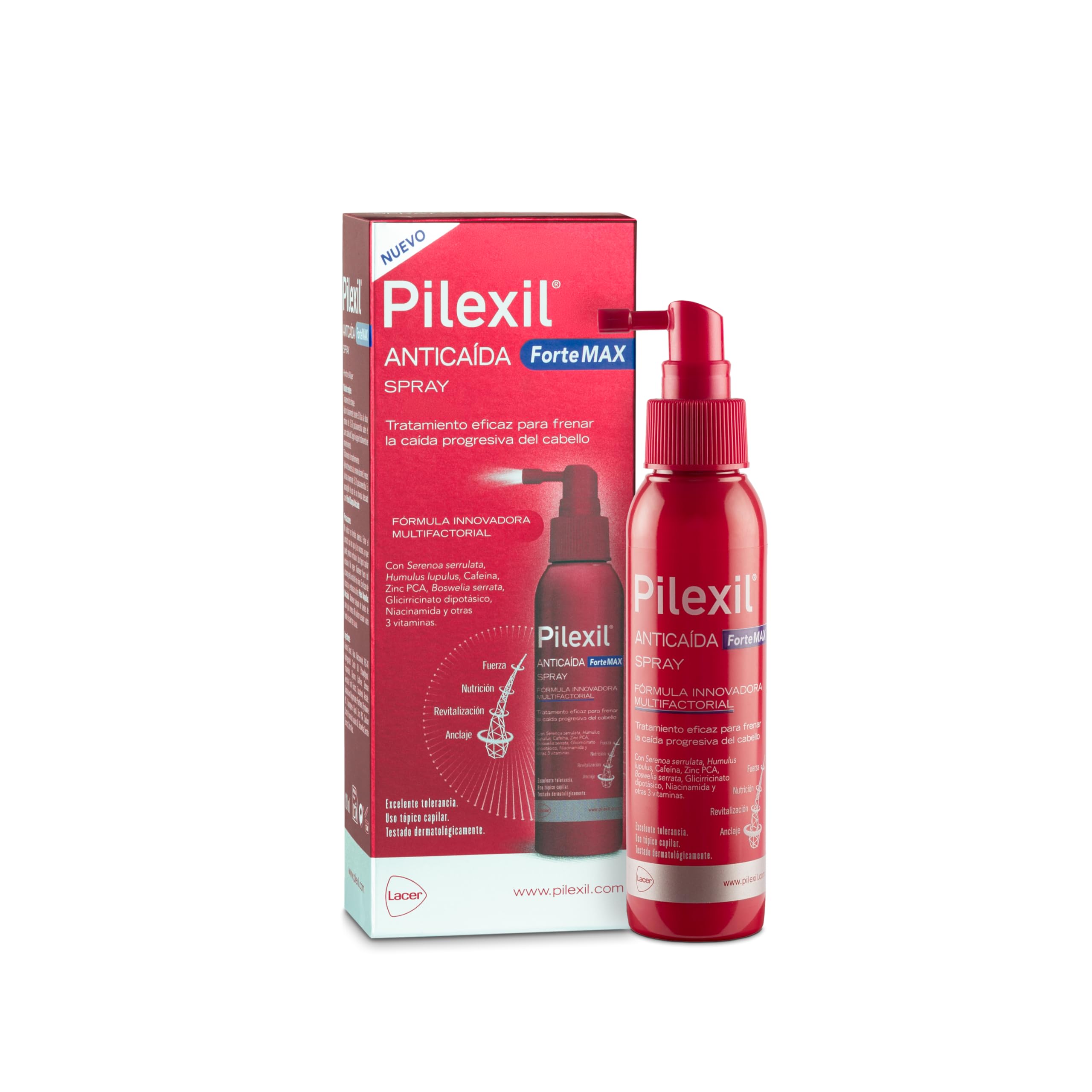 PILEXIL FORTE MAX - Spray Anticaída 120 ml, Tratamiento Uso Tópico para Caída Progresiva del Cabello - Con 4 Complejos, 5 Alfa, Nutricional, Antioxidante y Revitalizante - Para Hombres y Mujeres
