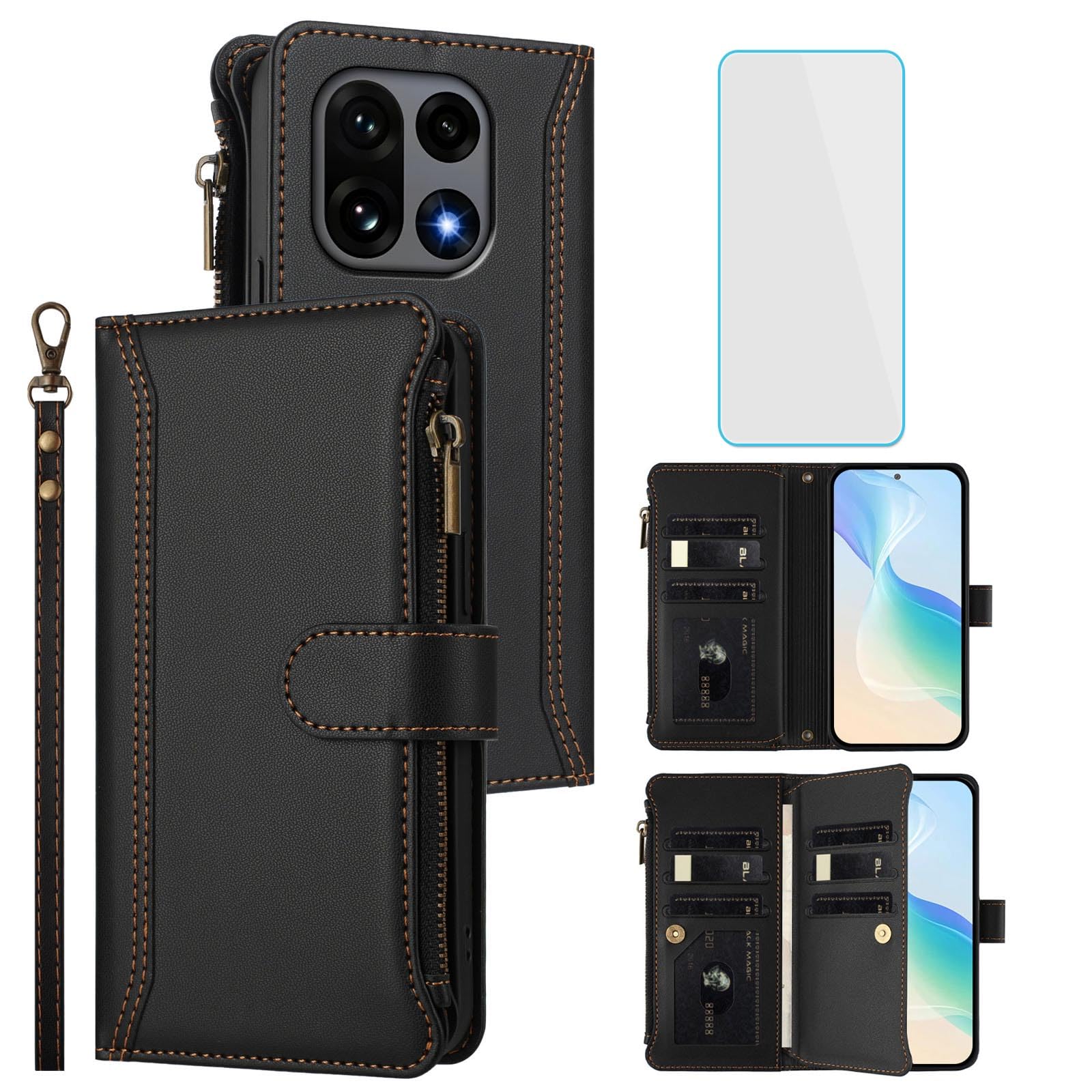 for OnePlus 15 5G Phone Wallet Case Wallet with Screen Protecter [9 Card Slots] Leather Zipper Pocket Flip Kickstand Shockproof Mobile Phone Cover for One Plus 15 PlusOne 1Plus 15 5G Black