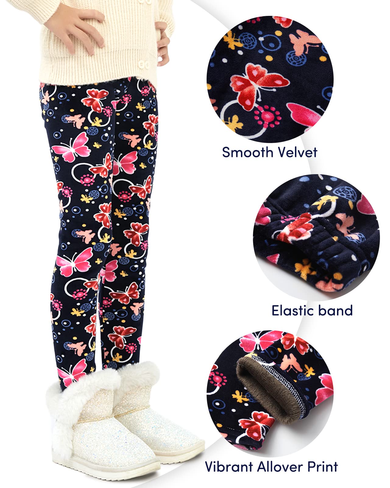 Domee Leggings Térmicos Pantalones Invierno Forro Polar Niña Pack de 2 Lazo Alfabeto Negro + Mariposa Azul Marino 8-9 años (Talla del Fabricante 140)
