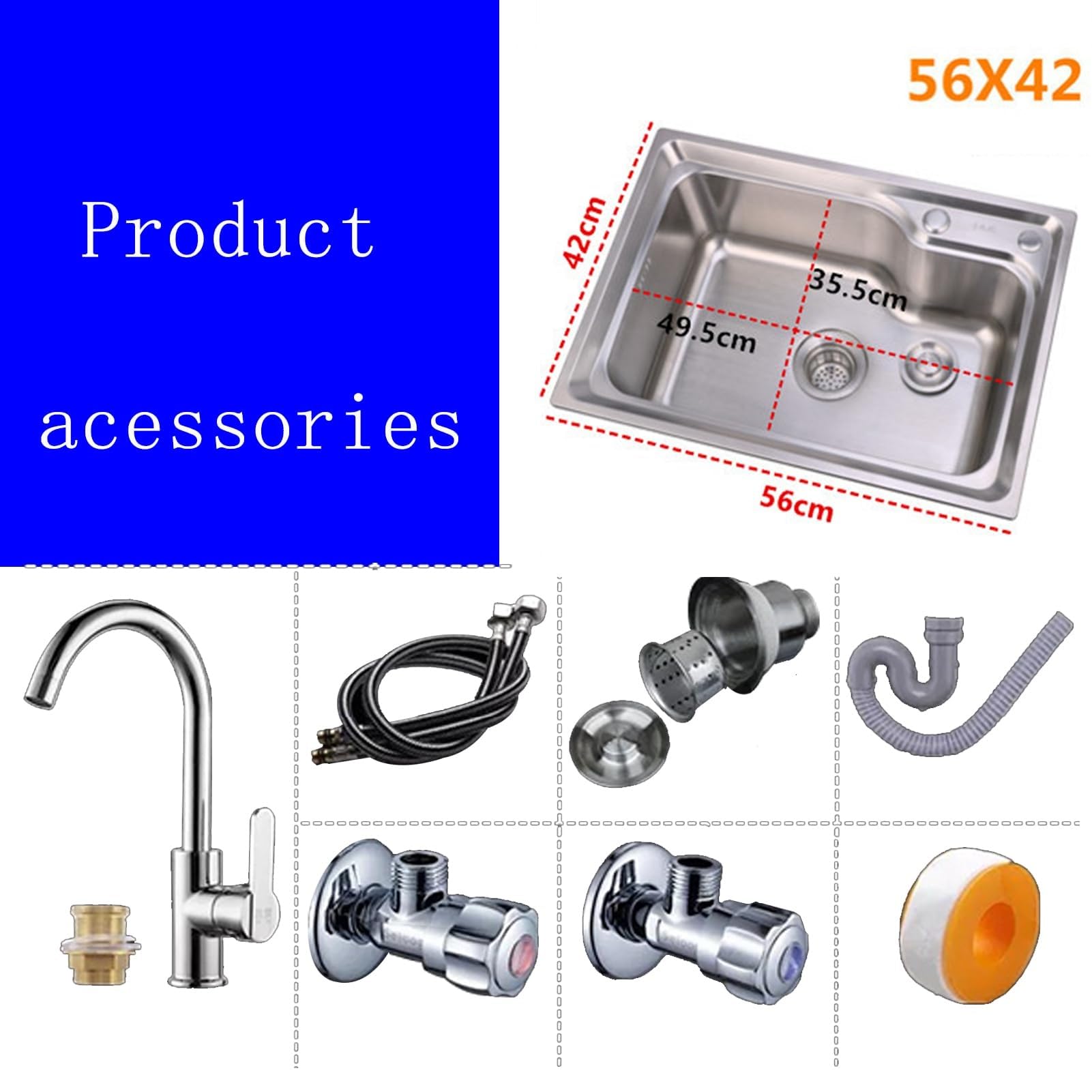 SDdPulse Lavello da cucina in acciaio inox - Lavabo a vasca singola montato sulla parte superiore con rubinetto dell'acqua calda e fredda, filtro di scarico e tubi di ingresso, monocolore, 56 x 42 cm