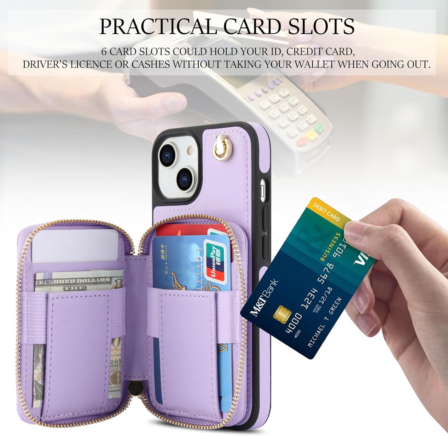 Asuwish Phone Case for iPhone 15 6.1 inch Wallet Cell Cover with Tempered Glass Screen Protector Wrist Crossbody Strap Stand RFID Blocking Credit Card Holder i Phone15 i15 15Case Women Girls Purple