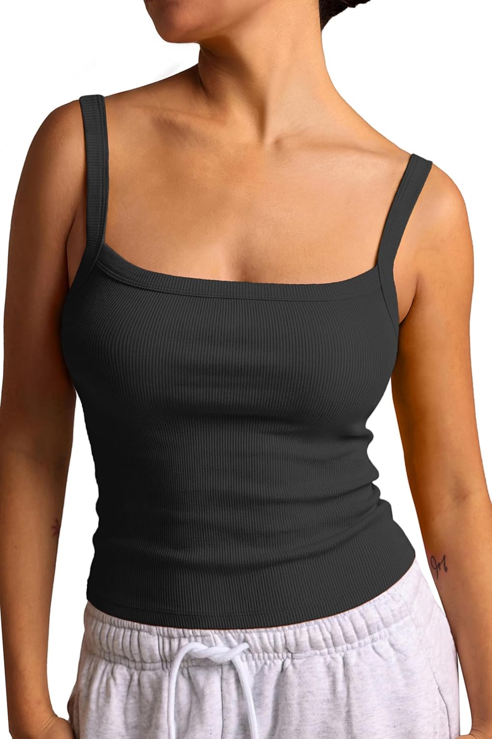SUUKSESS Women Cotton Rib Padded Tank Tops Sleeveless Spaghetti Strap Square Neck Tops Summer Camisole Going Out Shirts