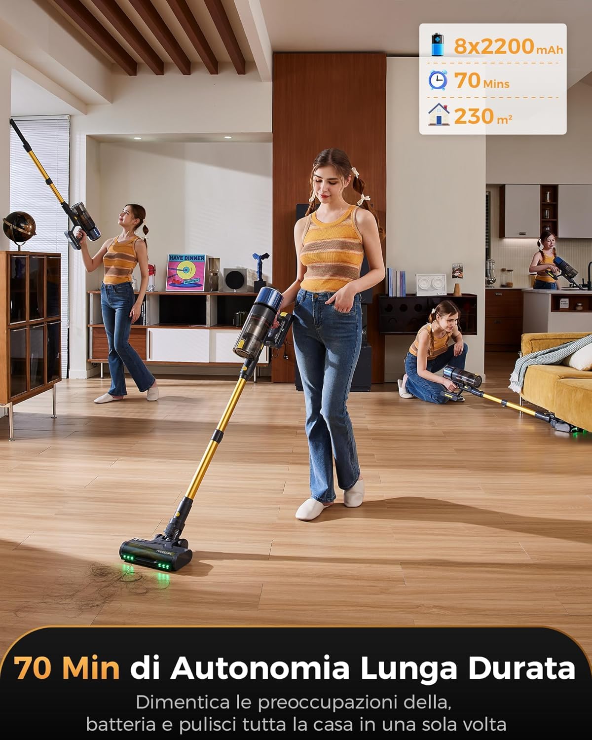 Proscenic P15+ Aspirapolvere Senza Fili 70Min/55Kpa/650W Scopa Elettrica Senza Fili Potente Autonomia Asta Telescopica Regolabile Design Autoportante Tecnologia GreenEye per Pavimenti e Tappeti