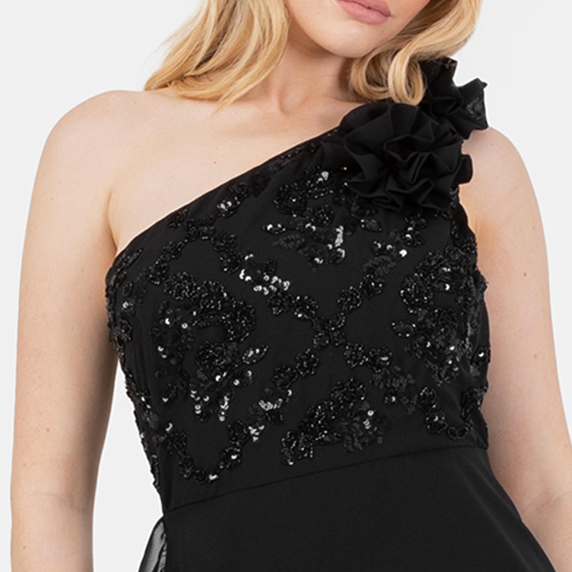 Maya Deluxe Women's Maxi Dress Ladies One Shoulder Necklline Sleeveless Sequin Embellished Rosette A-Line Evening Prom Ball Gown Vestito Donna