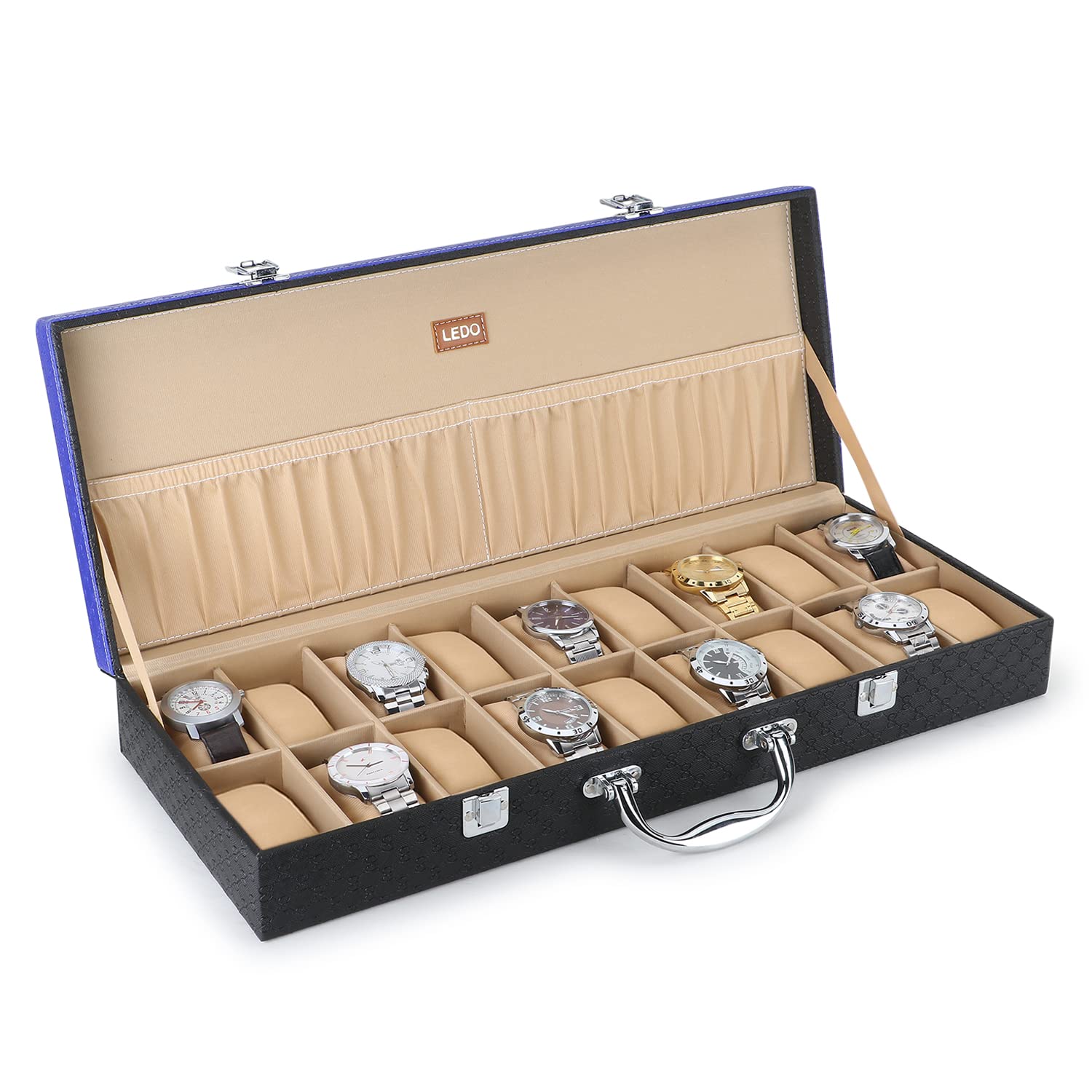 LEDO Faux Leather Mens And Womens Watch Box Holder Organizer Case In 18 Slots Of Watches In Royal Black Color (B0B9XH4HYQ) Amazon Price History, Amazon Price Tracker