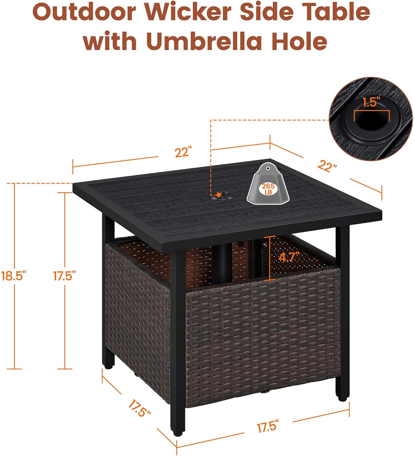 Yaheetech Outdoor Patio Side Table with 1.5" Umbrella Hole, PE Rattan Umbrella Stand, All Weather Wicker Bistro Coffee Table for Garden, Poolside, Deck, Black | Outdoor, Patio, 1.5" Umbrella Hole, Umbrella Stand, Garden, Poolside