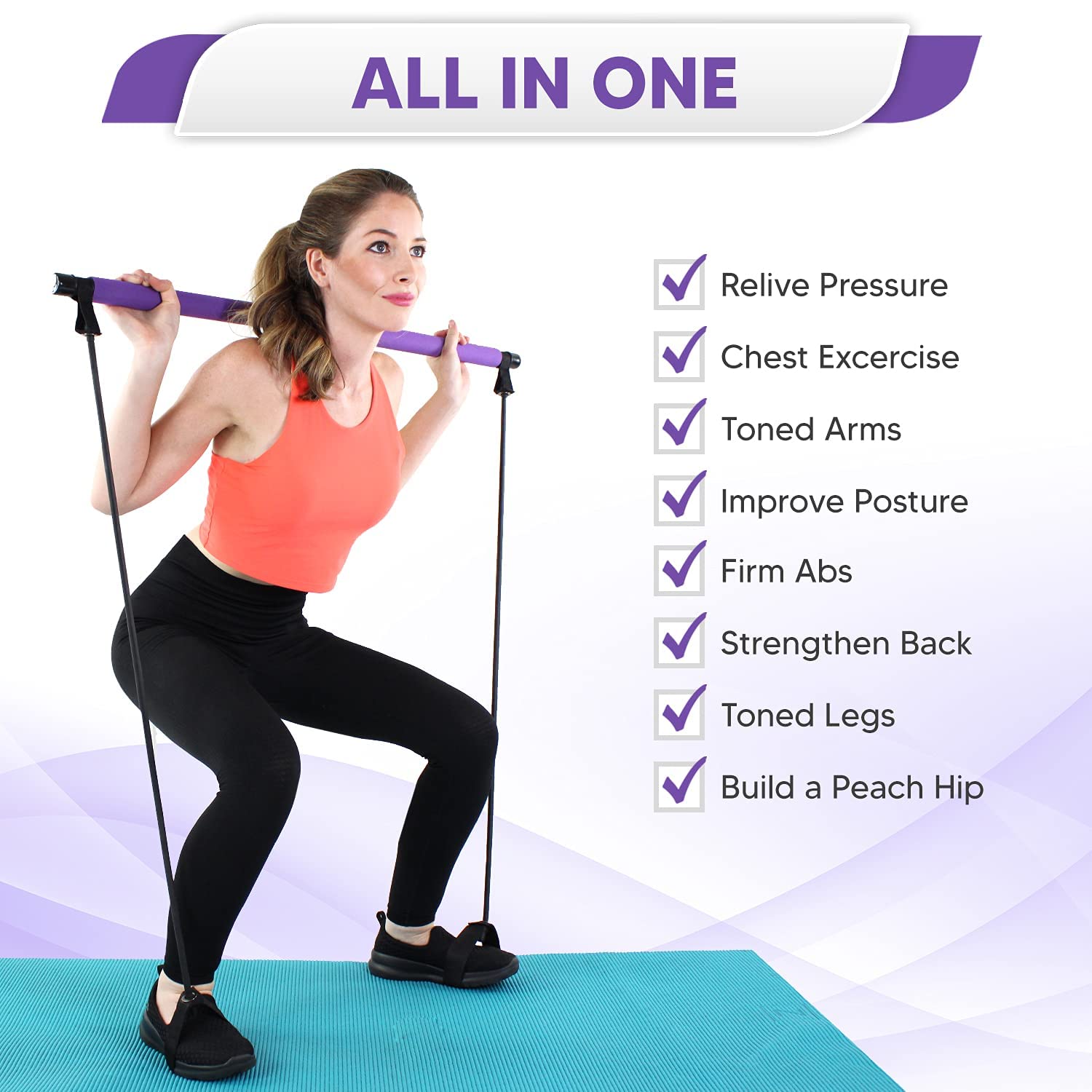Linarotic Portable Pilates Studio Portable Lightweight 2 Section Bar with Resistance Bands Adjustable Pilates Flexbands Kit Home Gym Yoga Pilates Purple Home Equipment 2