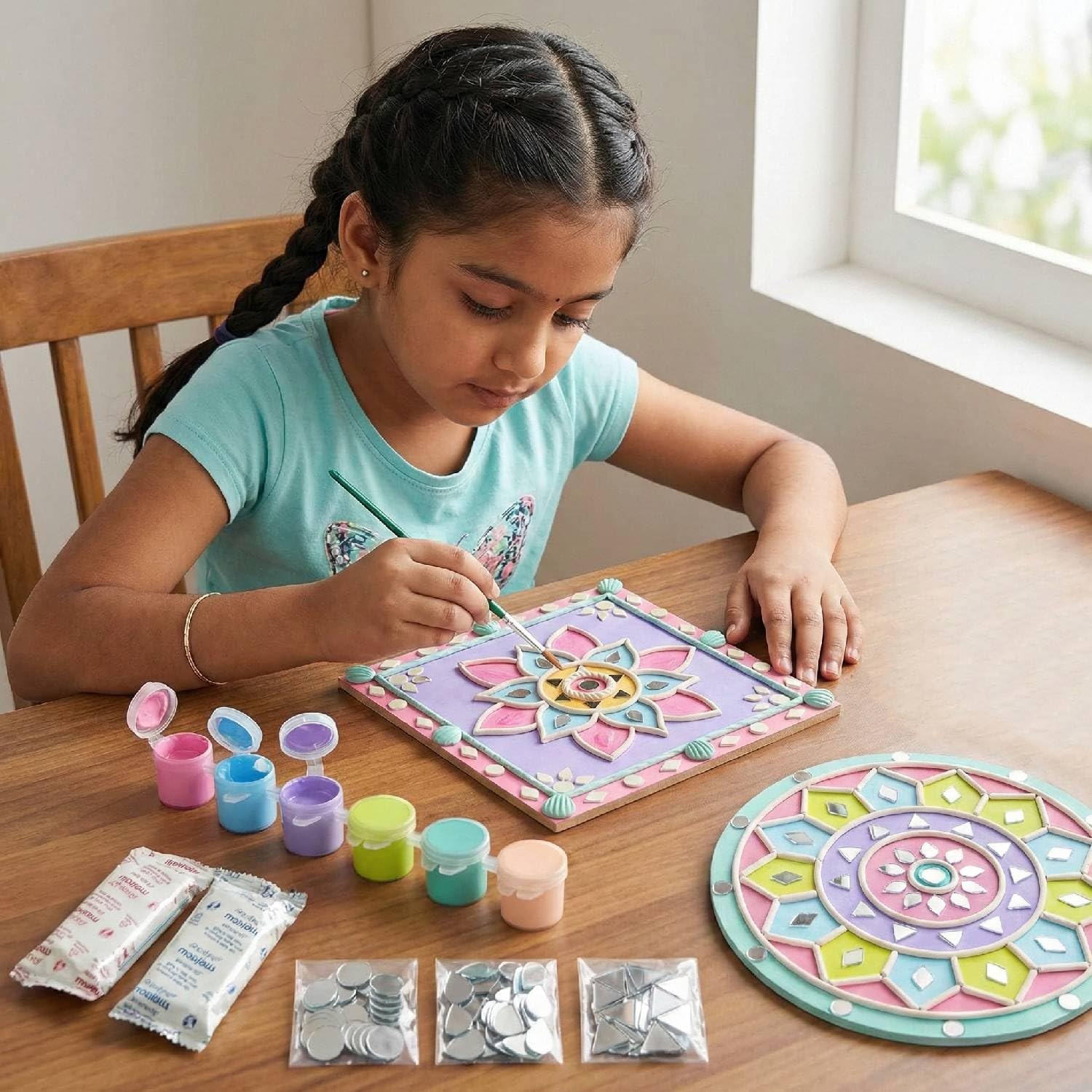 ImagiVibe DIY Mini Lippan Art Kit for Kids & Adults | 2 Pre-Marked 6 Inch MDF Boards | Indian Folk Art Painting Kit with Clay, Mirrors & Pastel Tempera Colours | Creative Art & Craft Kit for Gifting, Artists, Children, Students, Beginners (6inch) 1