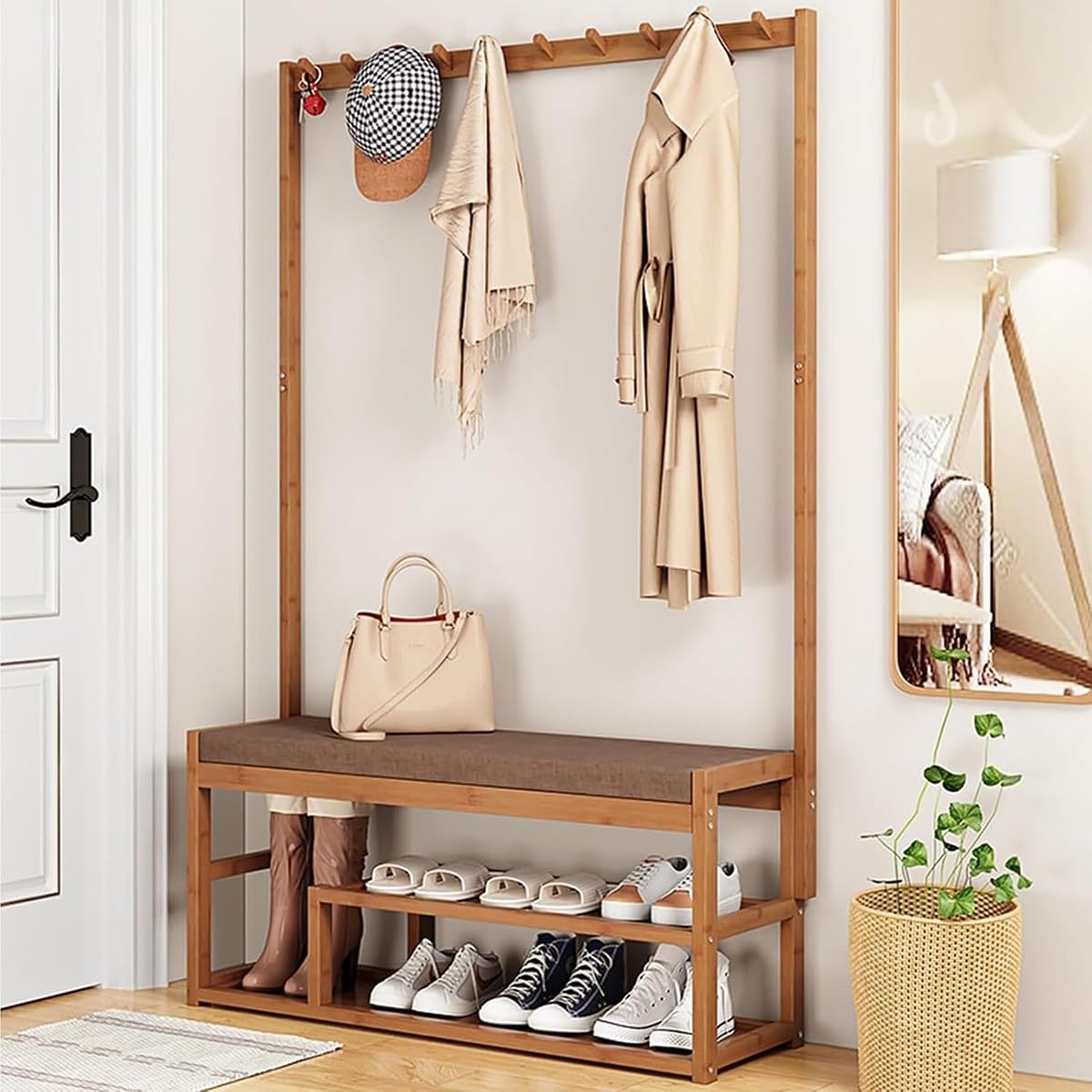 FGXHHS Freestanding Hall Tree with Bench, 2-Tier Shoe Rack, Hoo & Shelf - Entryway nizer for Coats Shoes, Easy Assembly (39x66in)