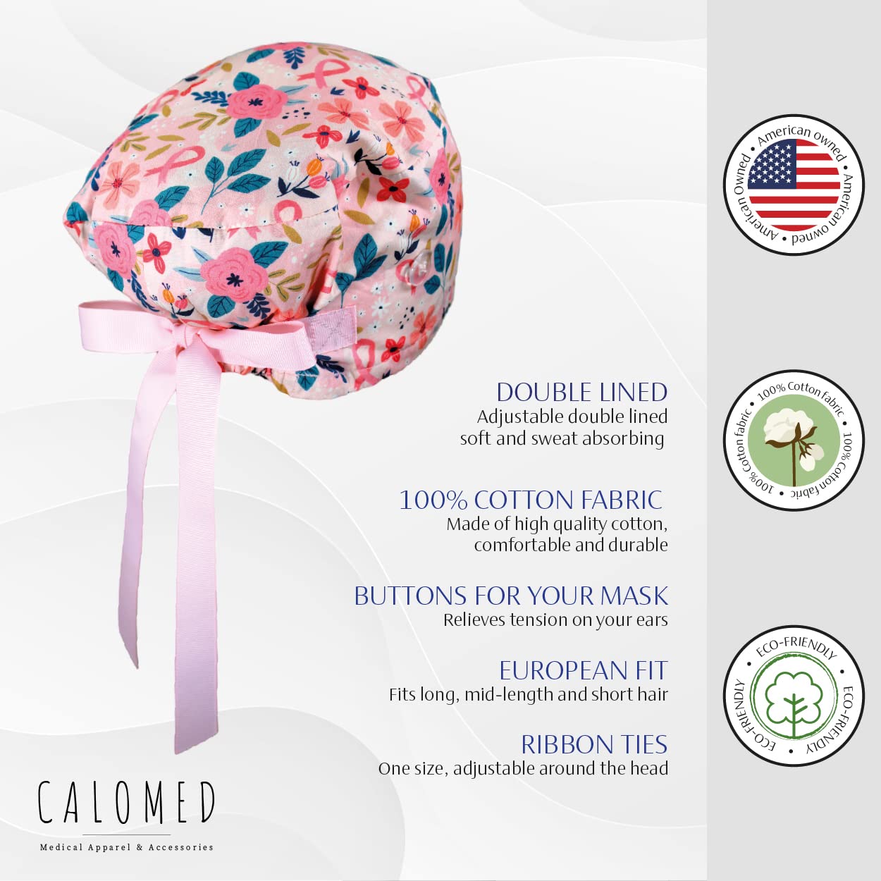 Gorro médico estilo europeo para mujeres y hombres con lazos de cinta y botones, cubierta para la cabeza para cabello largo o corto