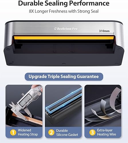 Miniatura 6 de Máquina selladora al vacío, Beelicious 85KPA sellador de alimentos 8 en 1 totalmente automático con almacenamiento de bolsas, modo húmedo y manguera