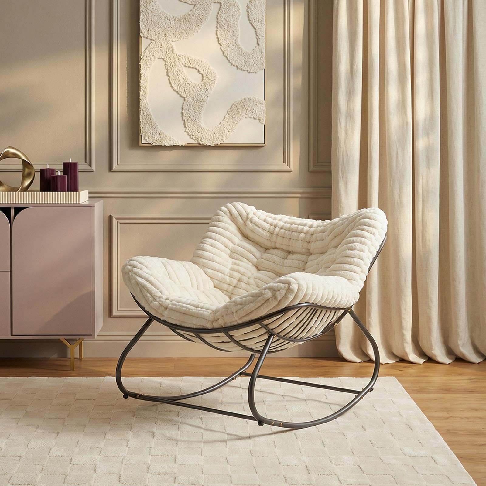 OHS Garden Rocking Chair with Ribbed Faux Fur Cushion, Large Curved Metal Frame Oversized Egg Chair Lounge Chair for Adults Comfy Patio Seating with Sturdy Support Living Room chairs, Cream