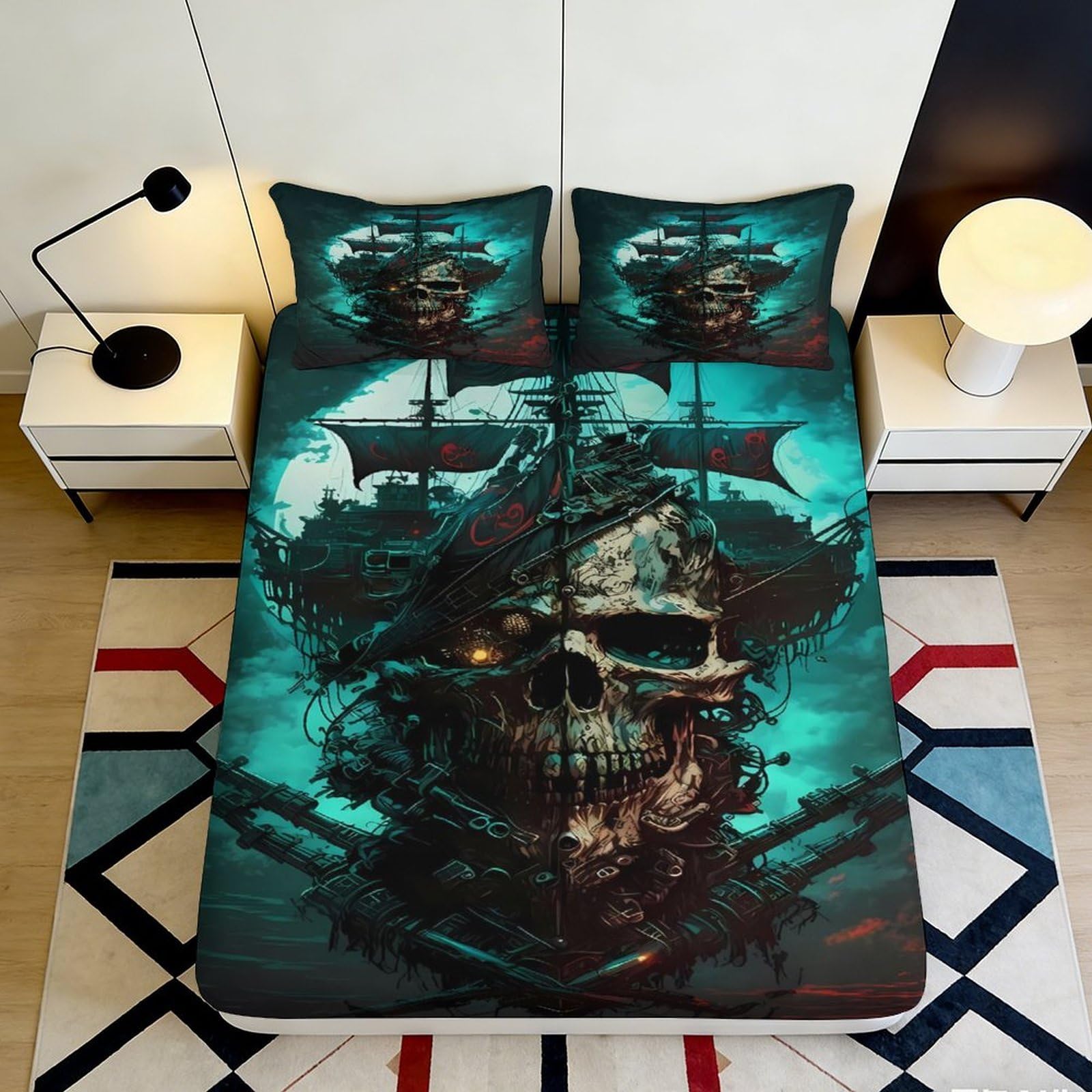 3D Printed Pirate Skull Fitted Sheet Microfiber Soft Anti-Slip Black Ship Mattress Cover for Bedroom Dorm Decor 120x200x25cm