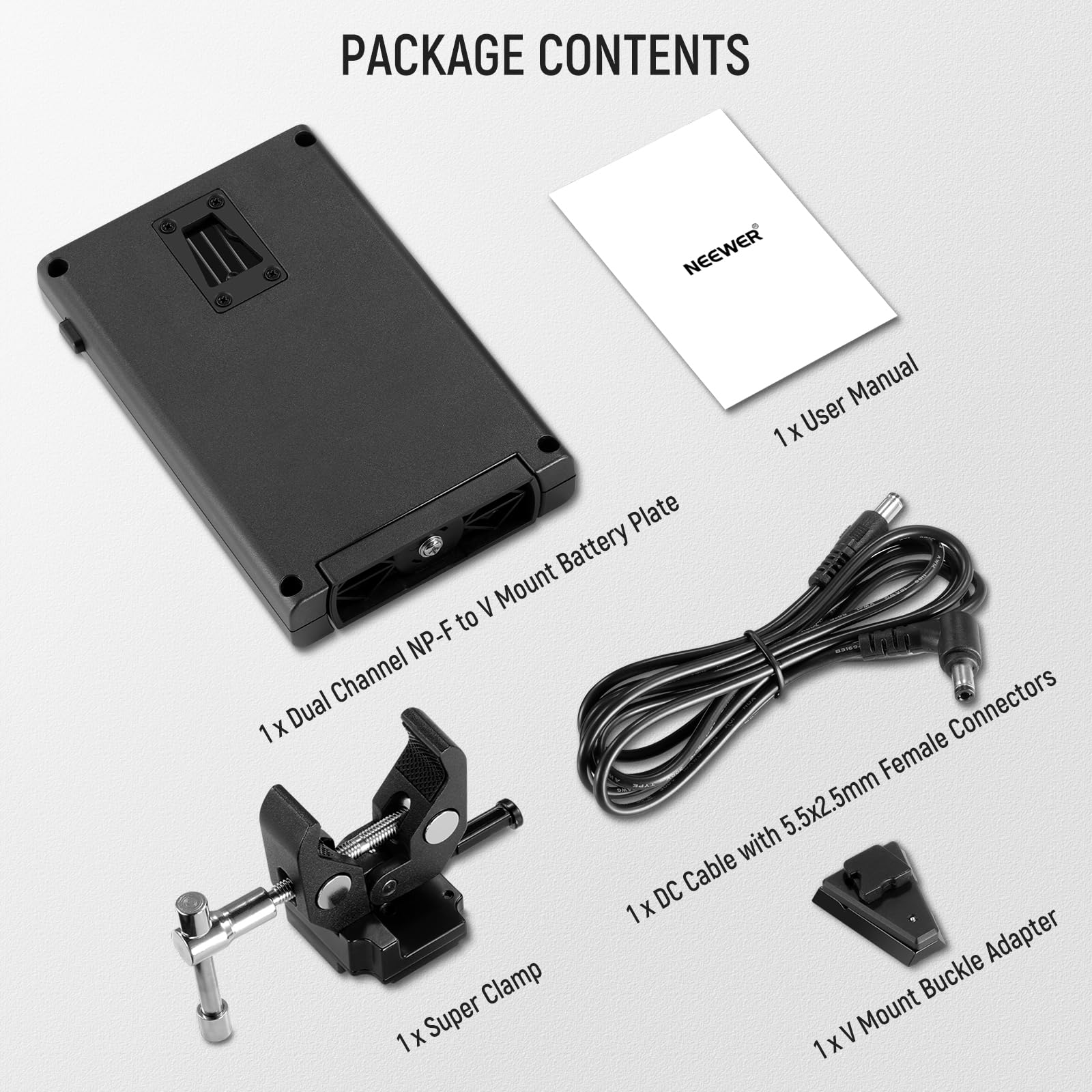 NEEWER Adattatore da Batteria NP-F a Batteria con Attacco a V per Luce Video LED con Supporto per Palo Super Clamp, Piastra Doppio Canale Compatibile con Sony npf F970 F750, Cavo DC 5,5x2,5mm, PS010E
