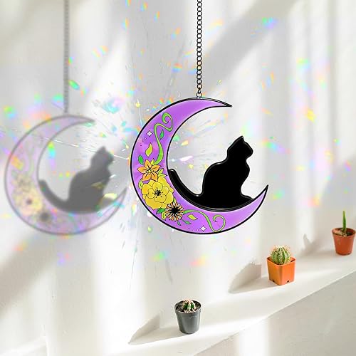 Anseal Atrapasoles de cristal con diseño de gato en la luna para colgar en la ventana, arte de pared, adorno de cristal pintado a mano, atrapasoles